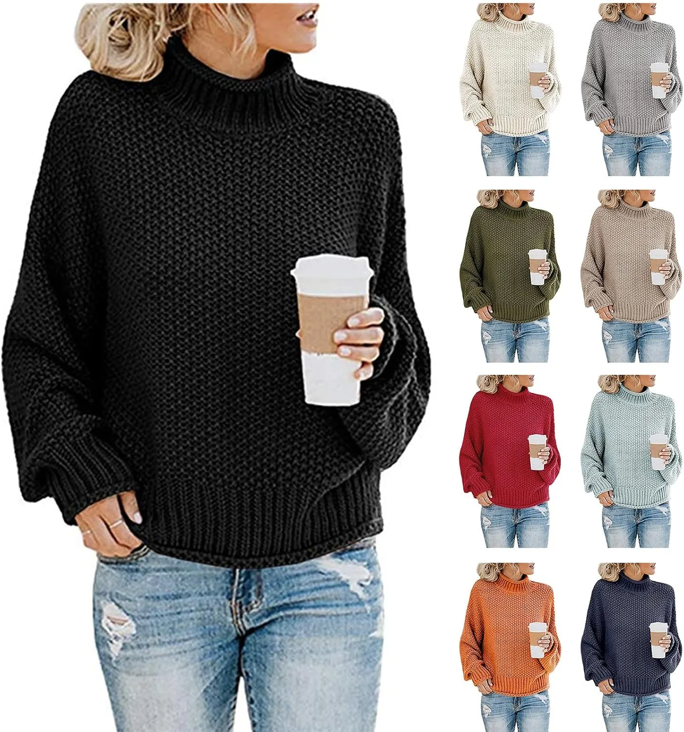 Turtleneck Sweater Women Oversized Batwing Sleeve Cardigan Knit Pullover Sweater Soild Color Tops