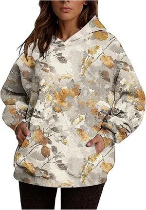 Vintage Camo Sweatshirt Women Maple Leaf Print Winter Fleece Hoodie Casual Long Sleeve Pullover with Kangaroo Pocket