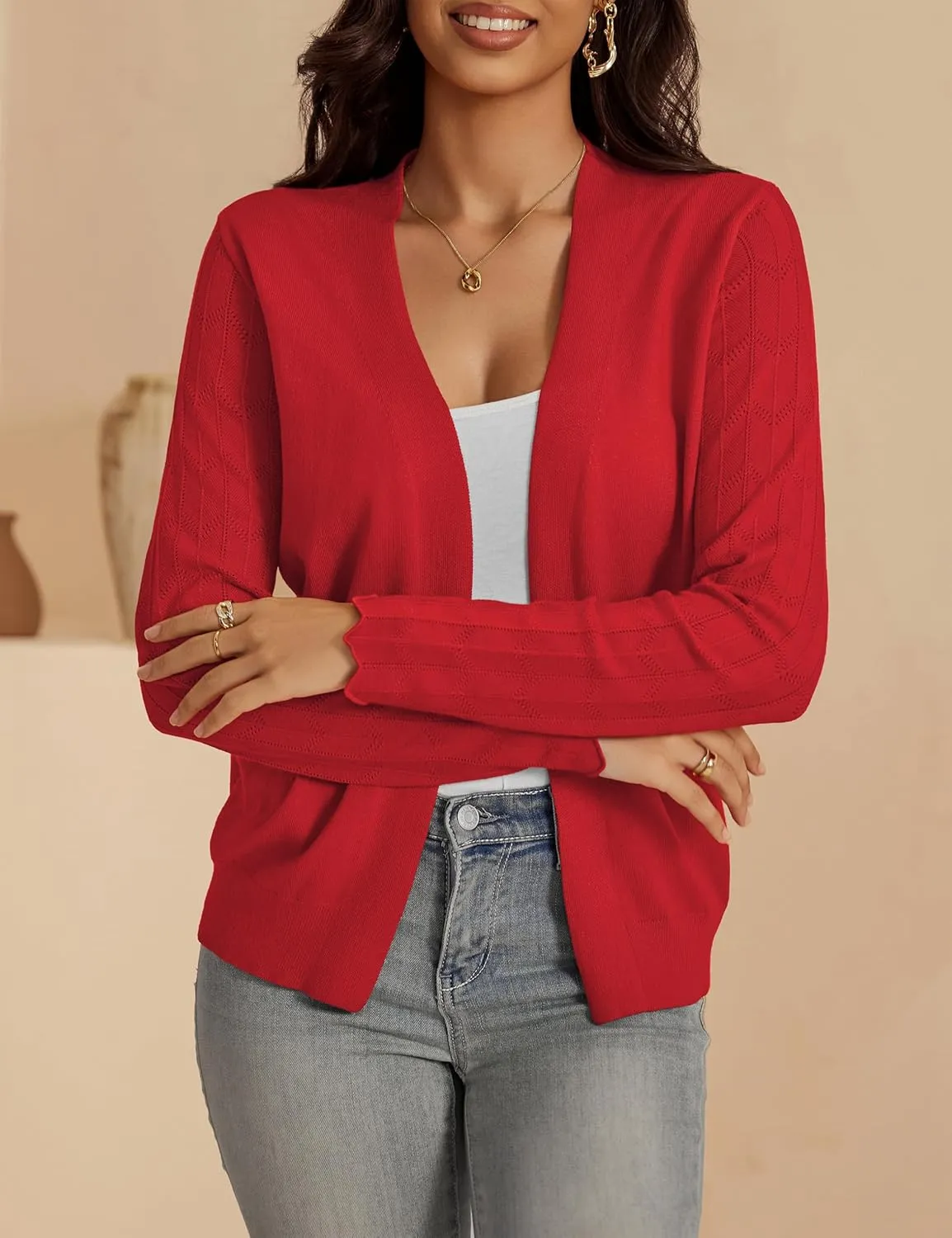 VOIANLIMO Womens Cardigan Lightweight Open Front Knit Long Sleeve Cardigans Sweaters for Women