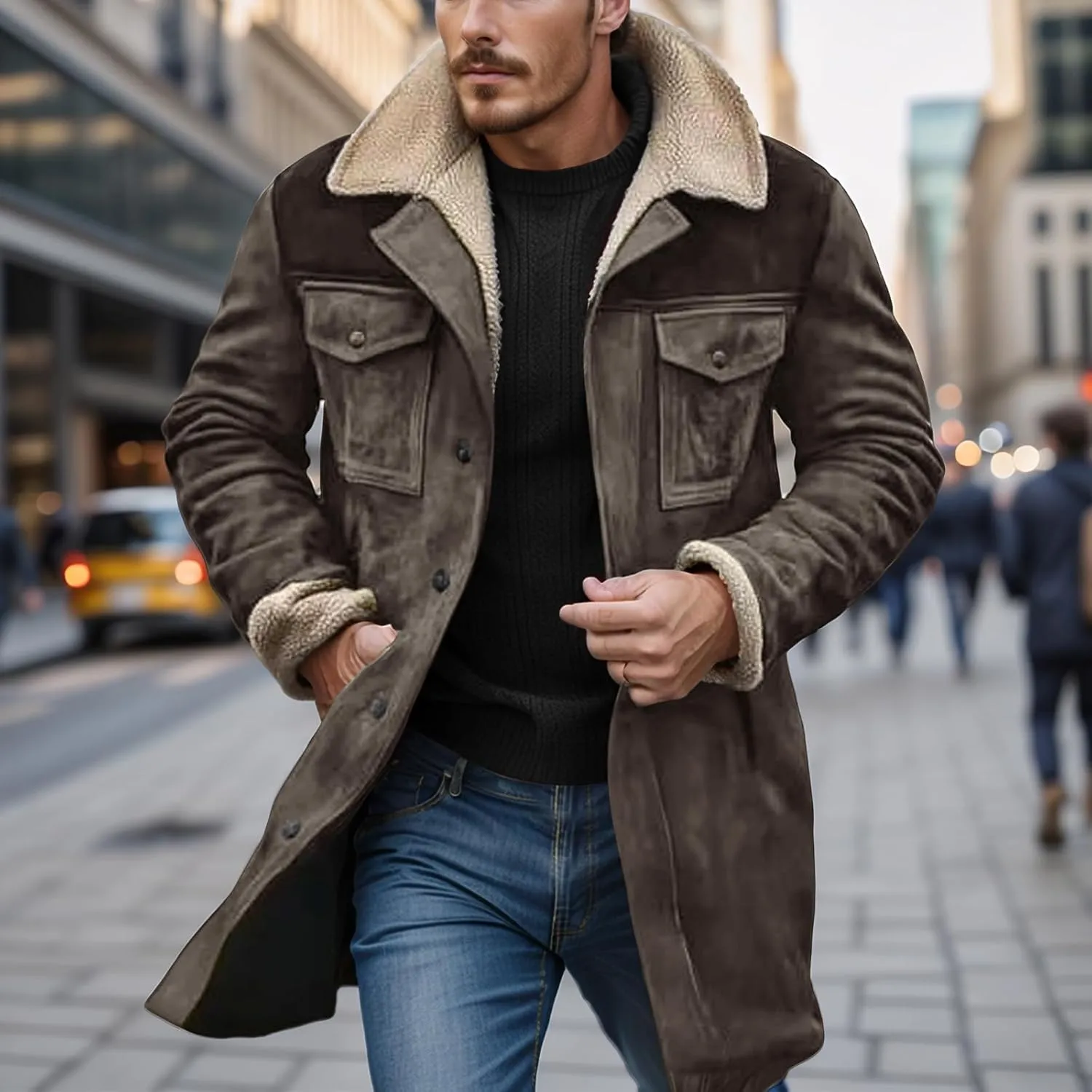 Western Jackets for Men Vintage Suede Leather Jacket Plush Reversed Collar Winter Warm Long Coats Trench Coat Outwear