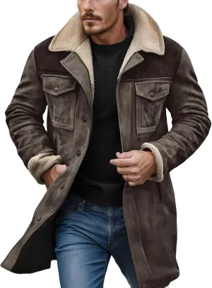 Western Jackets for Men Vintage Suede Leather Jacket Plush Reversed Collar Winter Warm Long Coats Trench Coat Outwear