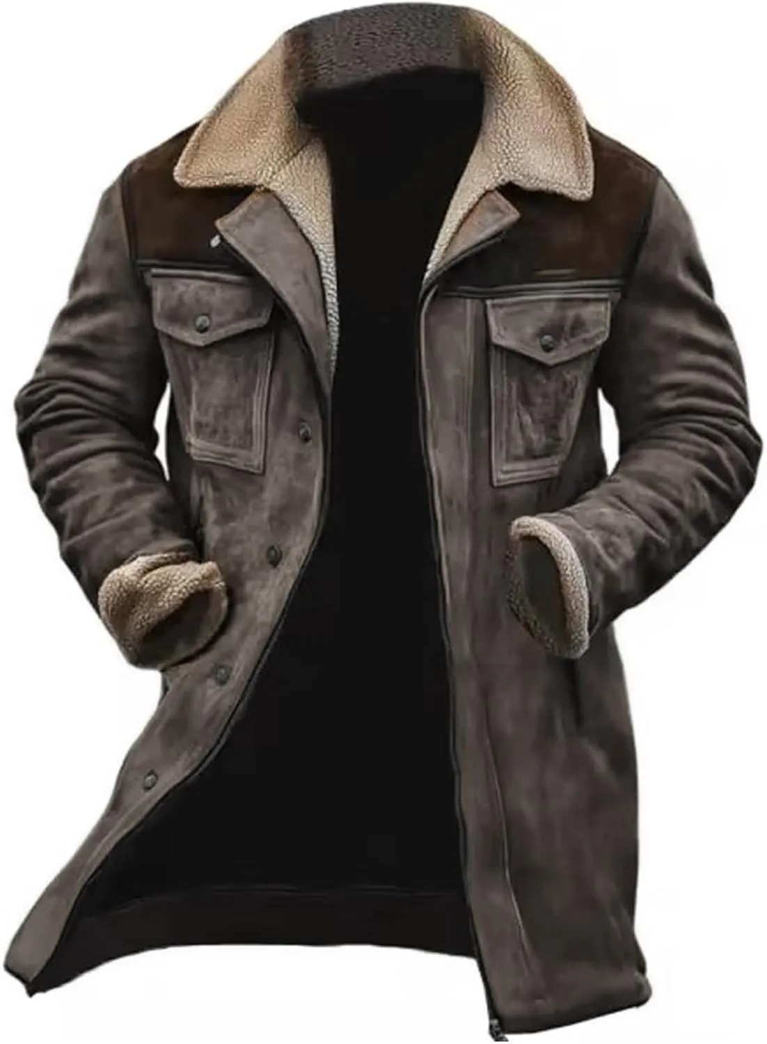 Western Jackets for Men Vintage Suede Leather Jacket Plush Reversed Collar Winter Warm Long Coats Trench Coat Outwear