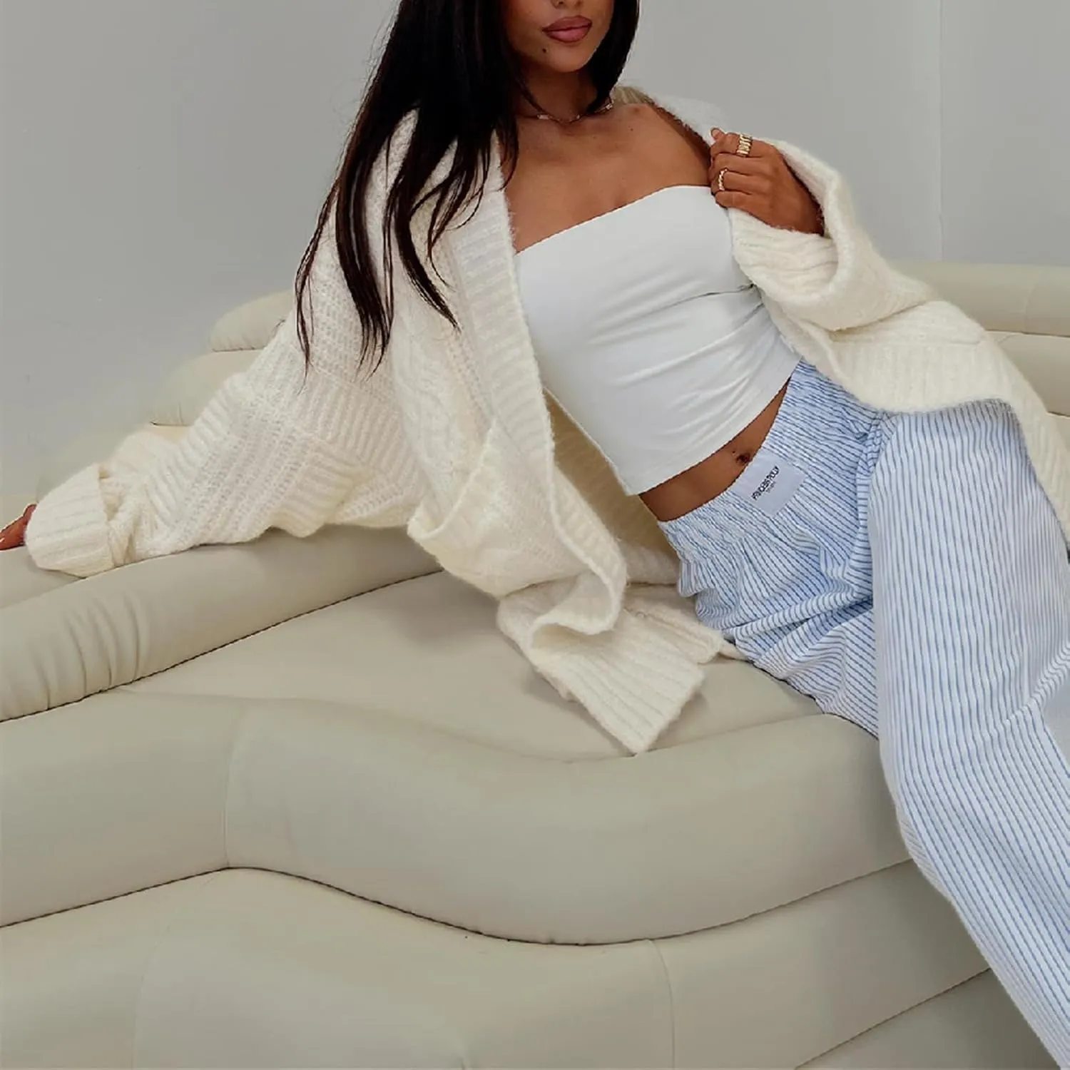 Winioder Chunky Long Cardigan Sweaters for Women Open Front Puff Long Sleeve Cable Knit Oversized Sweater Coat with Pockets