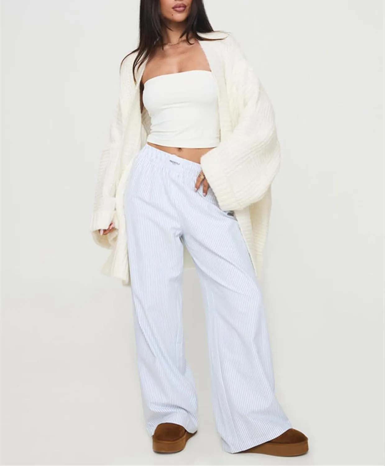 Winioder Chunky Long Cardigan Sweaters for Women Open Front Puff Long Sleeve Cable Knit Oversized Sweater Coat with Pockets