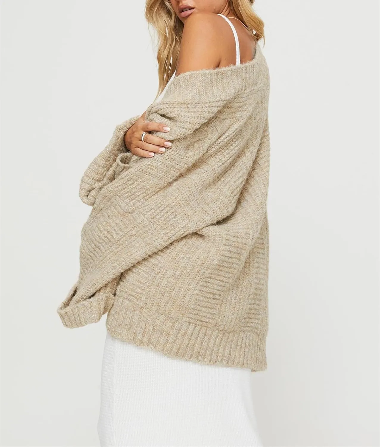 Winioder Chunky Long Cardigan Sweaters for Women Open Front Puff Long Sleeve Cable Knit Oversized Sweater Coat with Pockets