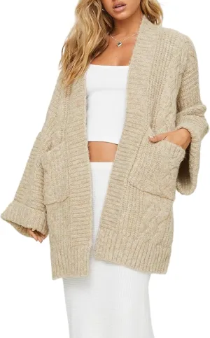 Winioder Chunky Long Cardigan Sweaters for Women Open Front Puff Long Sleeve Cable Knit Oversized Sweater Coat with Pockets