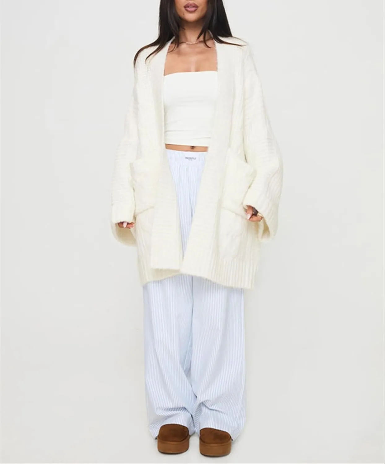 Winioder Chunky Long Cardigan Sweaters for Women Open Front Puff Long Sleeve Cable Knit Oversized Sweater Coat with Pockets