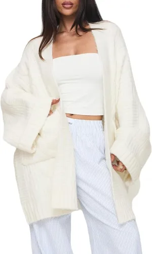 Winioder Chunky Long Cardigan Sweaters for Women Open Front Puff Long Sleeve Cable Knit Oversized Sweater Coat with Pockets
