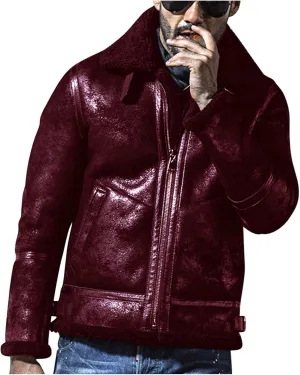 Winter Coat For Men,Bomber Faux Leather Jacket For Men Vintage Turn-Down Collar Sherpa Lining Motorcycle Sport Jackets