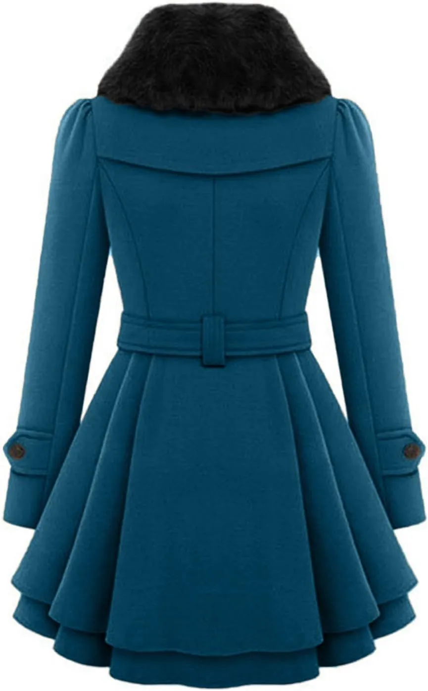 Winter Coats for Women Thick Warm Wool Blend Trench Coat Faux Fur Lapel Double-Breasted Peacoats with Belt