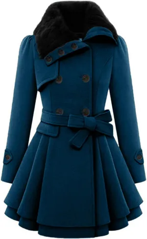 Winter Coats for Women Thick Warm Wool Blend Trench Coat Faux Fur Lapel Double-Breasted Peacoats with Belt