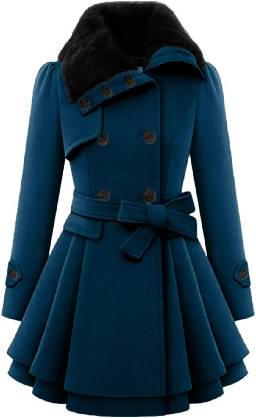 Winter Coats for Women Thick Warm Wool Blend Trench Coat Faux Fur Lapel Double-Breasted Peacoats with Belt