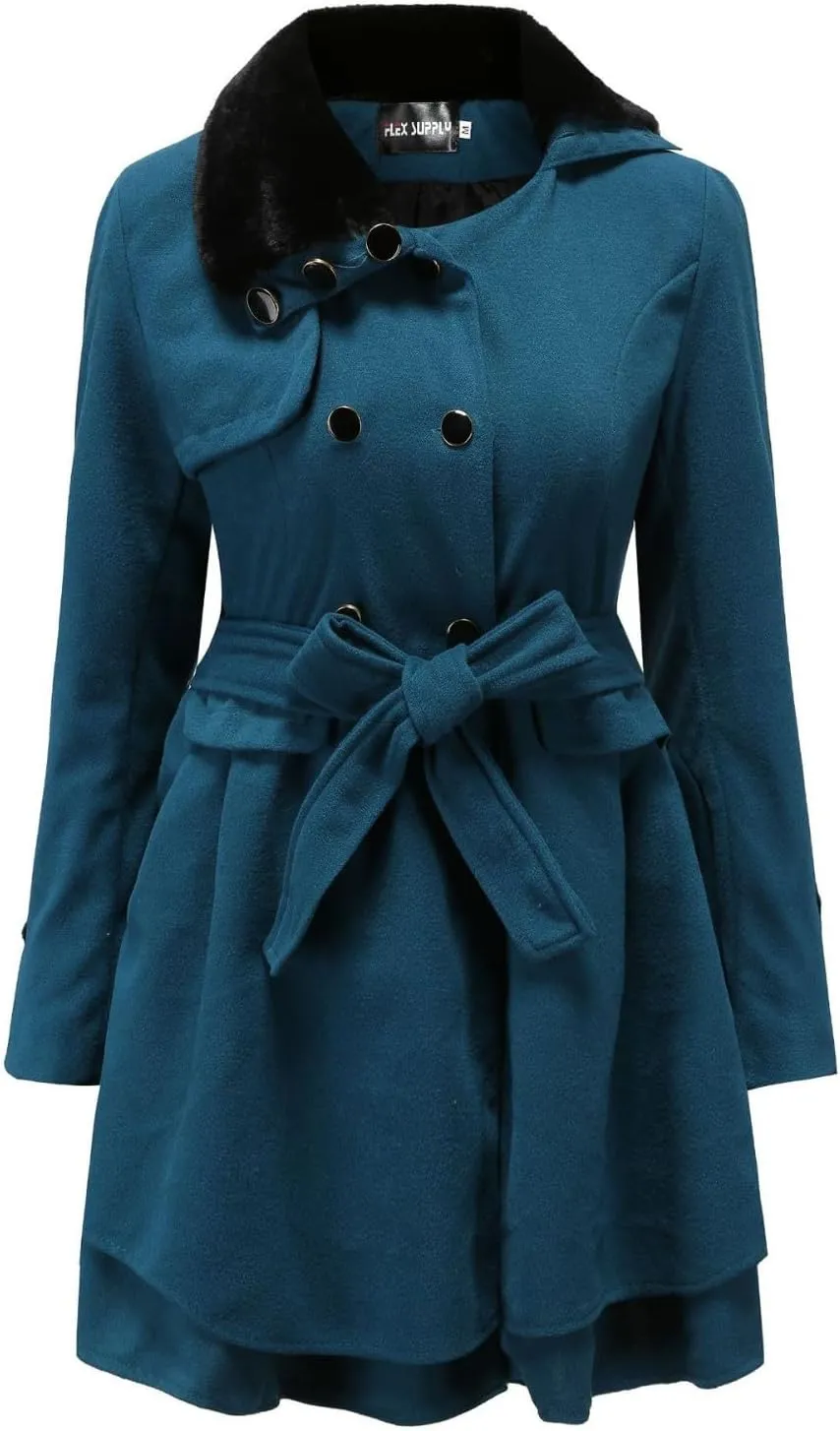 Winter Coats for Women Thick Warm Wool Blend Trench Coat Faux Fur Lapel Double-Breasted Peacoats with Belt