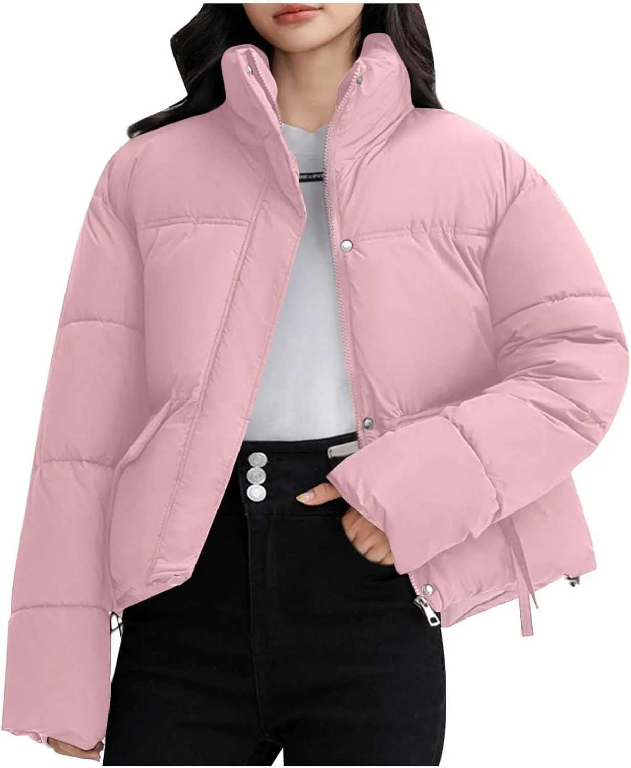 Winter Jackets for Women 2024 Fashion Cropped Puffer Jacket Thicken Warm down Coat Zip up Stand Collar Quilted Outwear