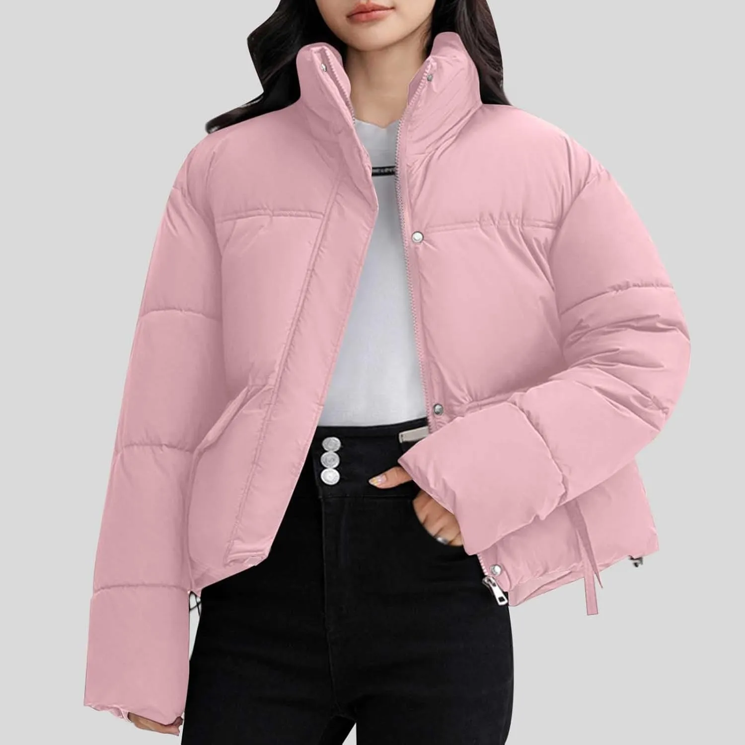 Winter Jackets for Women 2024 Fashion Cropped Puffer Jacket Thicken Warm down Coat Zip up Stand Collar Quilted Outwear