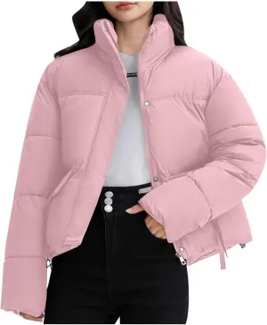 Winter Jackets for Women 2024 Fashion Cropped Puffer Jacket Thicken Warm down Coat Zip up Stand Collar Quilted Outwear