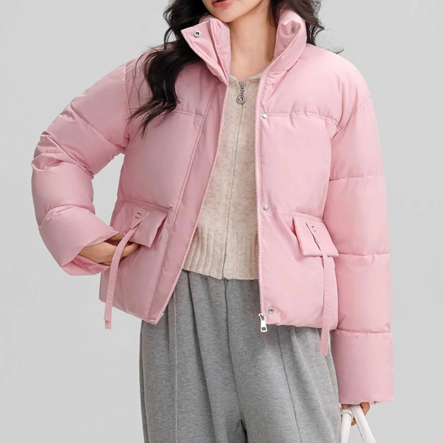 Winter Jackets for Women 2024 Fashion Cropped Puffer Jacket Thicken Warm down Coat Zip up Stand Collar Quilted Outwear