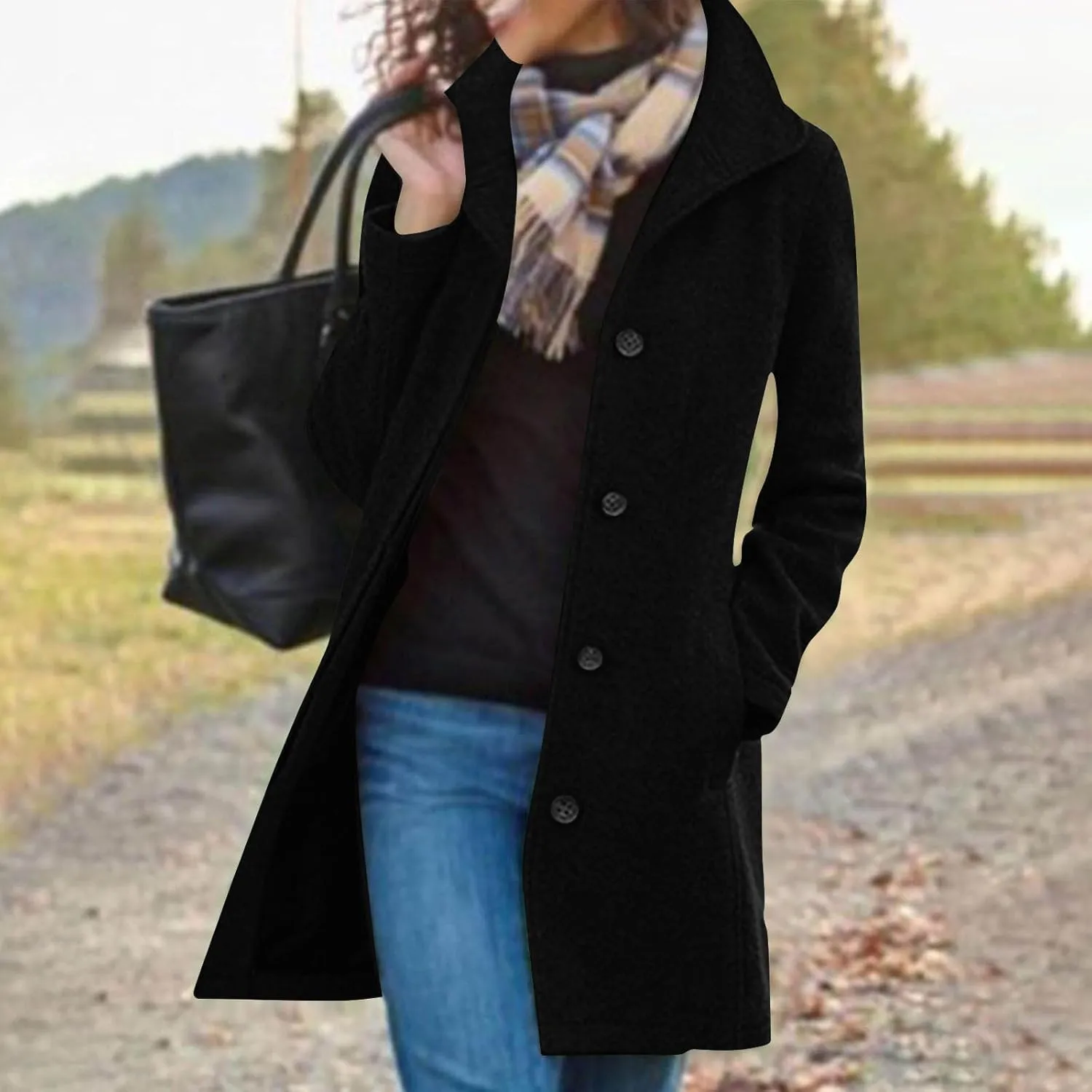 Winter Long Pea Coats for Women Wool Blend Stand Collar Single Breasted Jackets 2024 Casual Peacoat Overcoats