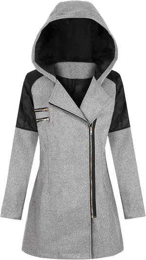 Winter Trench Coat Women Lapel Double Breasted Wool Blend Pea Coats Fashion Plaid Hooded Long Jacket with Belted