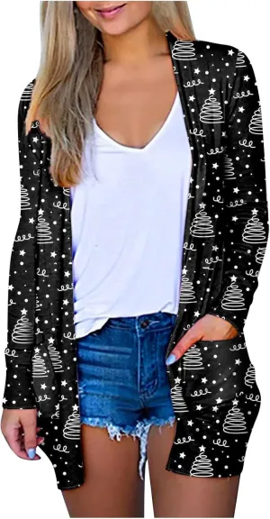 Woman Christmas Sweater Snowflake Print Long Sleeve Open Front Cardigan Fall Casual Loose Fit Clothing with Pockets