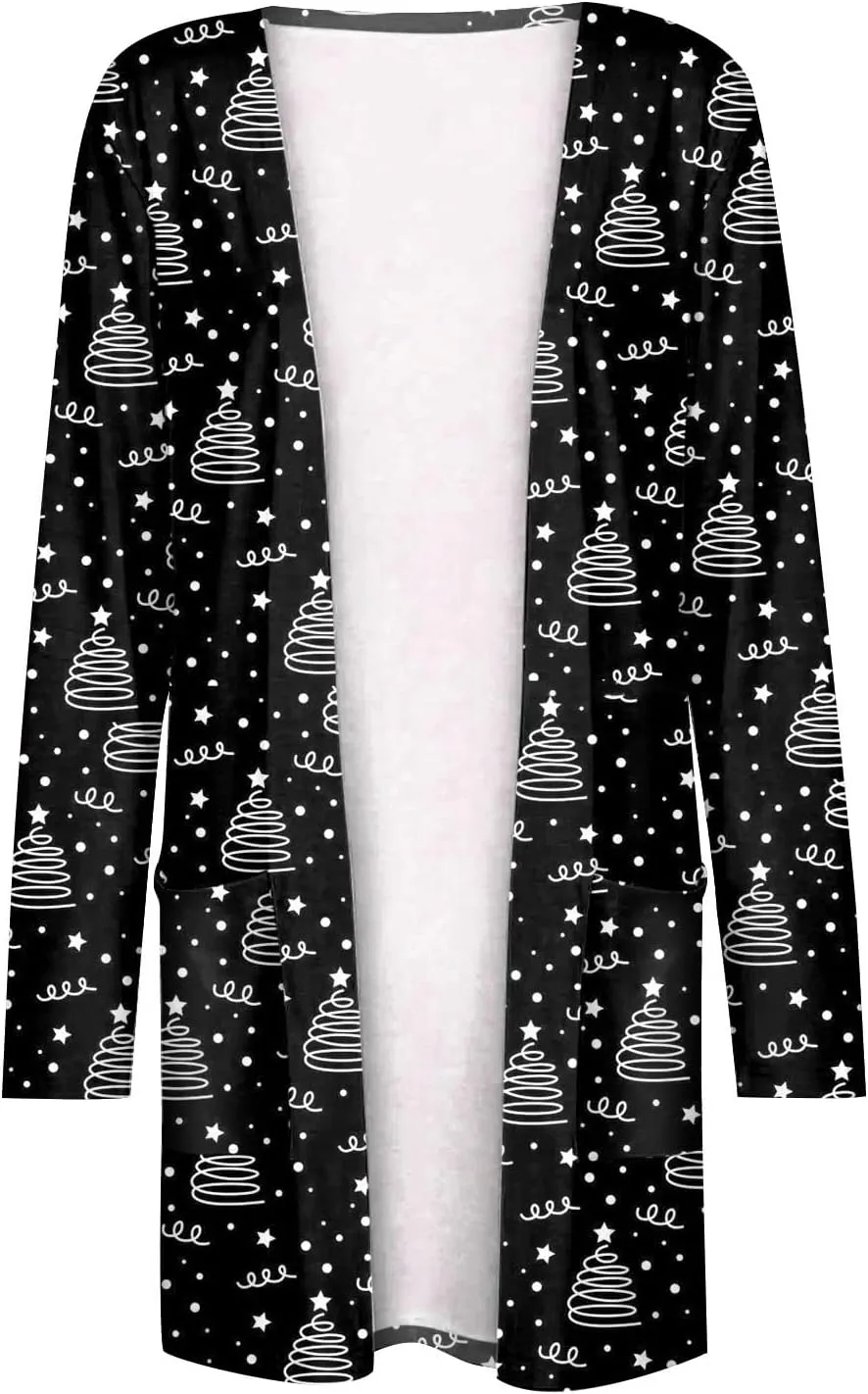 Woman Christmas Sweater Snowflake Print Long Sleeve Open Front Cardigan Fall Casual Loose Fit Clothing with Pockets