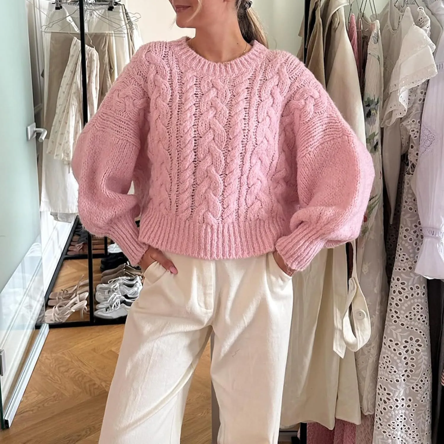 Women Cable Knit Sweaters Crewneck Long Sleeve Chunky Knit Sweater Clean Girl Aesthetic Oversized Pullover Jumper Tops