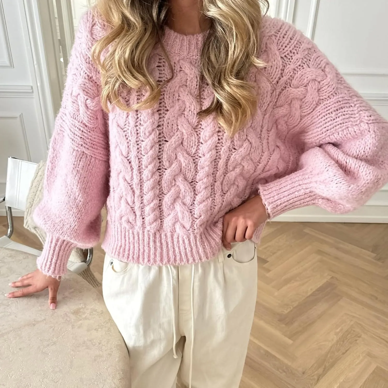 Women Cable Knit Sweaters Crewneck Long Sleeve Chunky Knit Sweater Clean Girl Aesthetic Oversized Pullover Jumper Tops