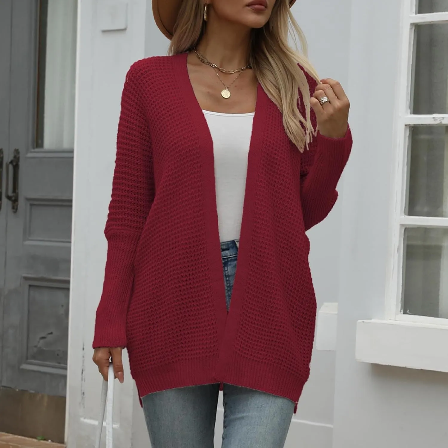 Women Comfortable Open Front Cardigan V-Neck Casual Cable Knit Outwear Loose Trendy Sweaters