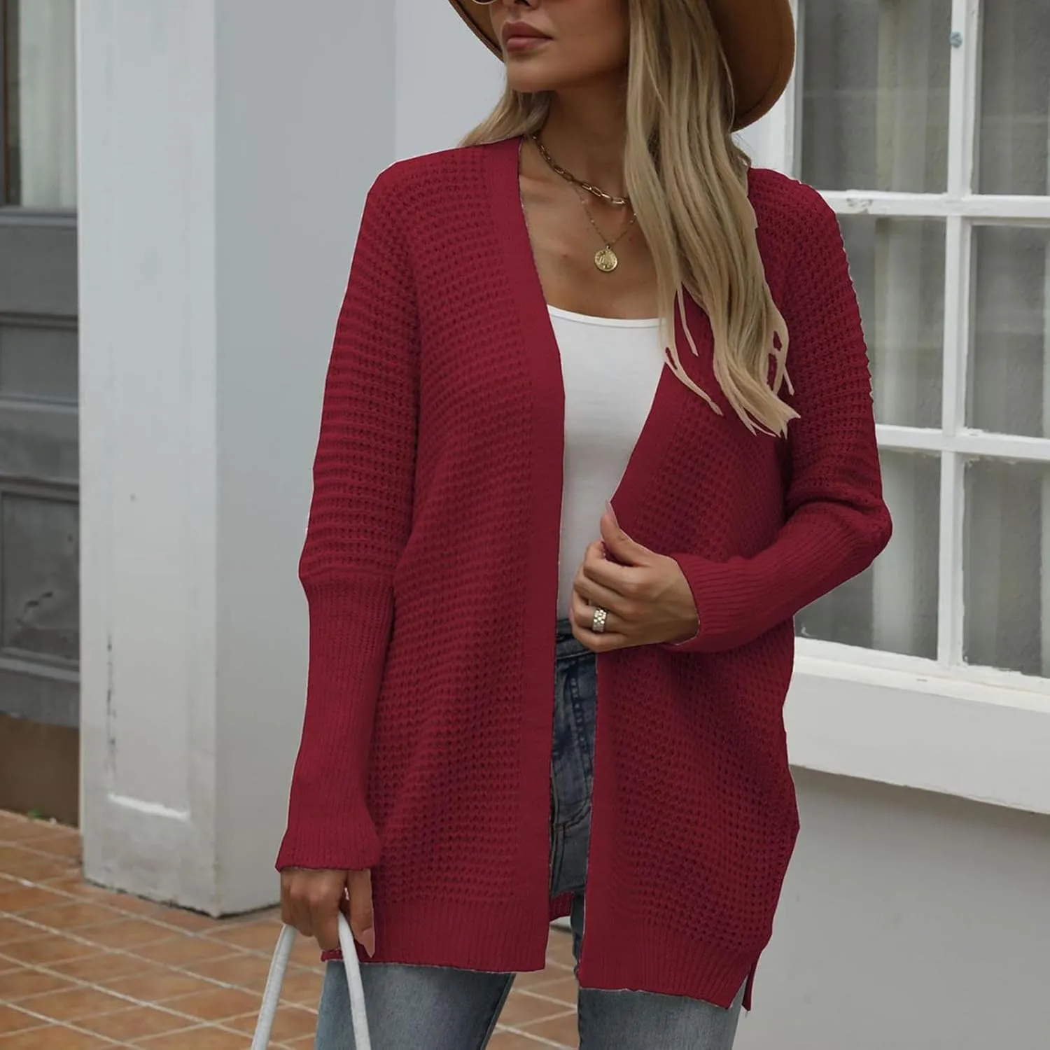 Women Comfortable Open Front Cardigan V-Neck Casual Cable Knit Outwear Loose Trendy Sweaters