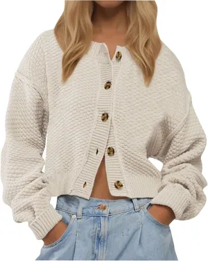 Women Cropped Cardigan Crewneck Button Front Drop Shoulder Baggy Solid Knit Cardigan Sweaters Soft Fall Sweaters