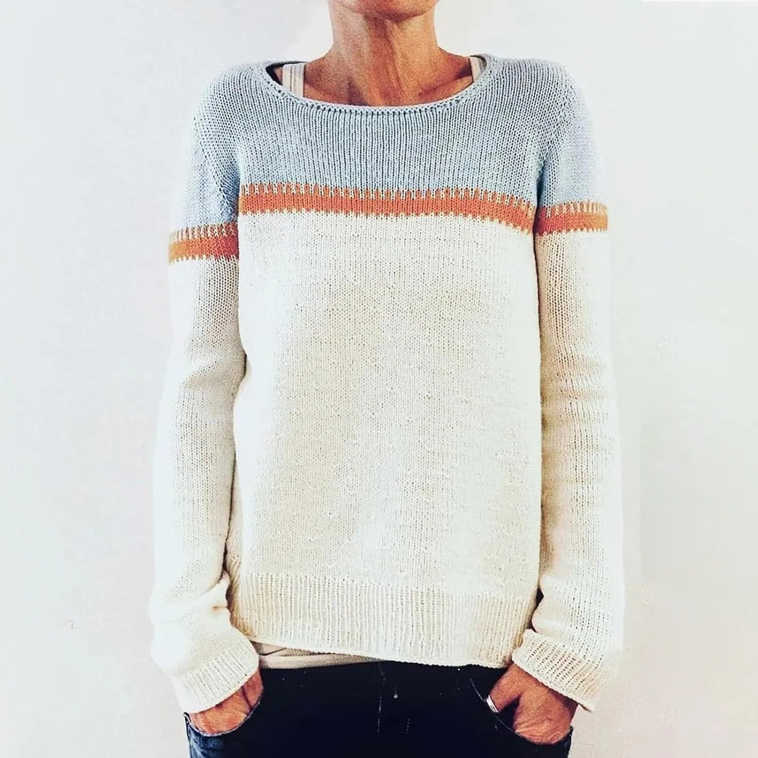 Women Fair Isle Sweaters Casual Scoop Neck Long Sleeved Vintage Sweater Loose Fuzzy Knitted Sweater Pullover Top