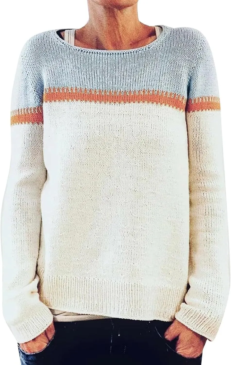 Women Fair Isle Sweaters Casual Scoop Neck Long Sleeved Vintage Sweater Loose Fuzzy Knitted Sweater Pullover Top