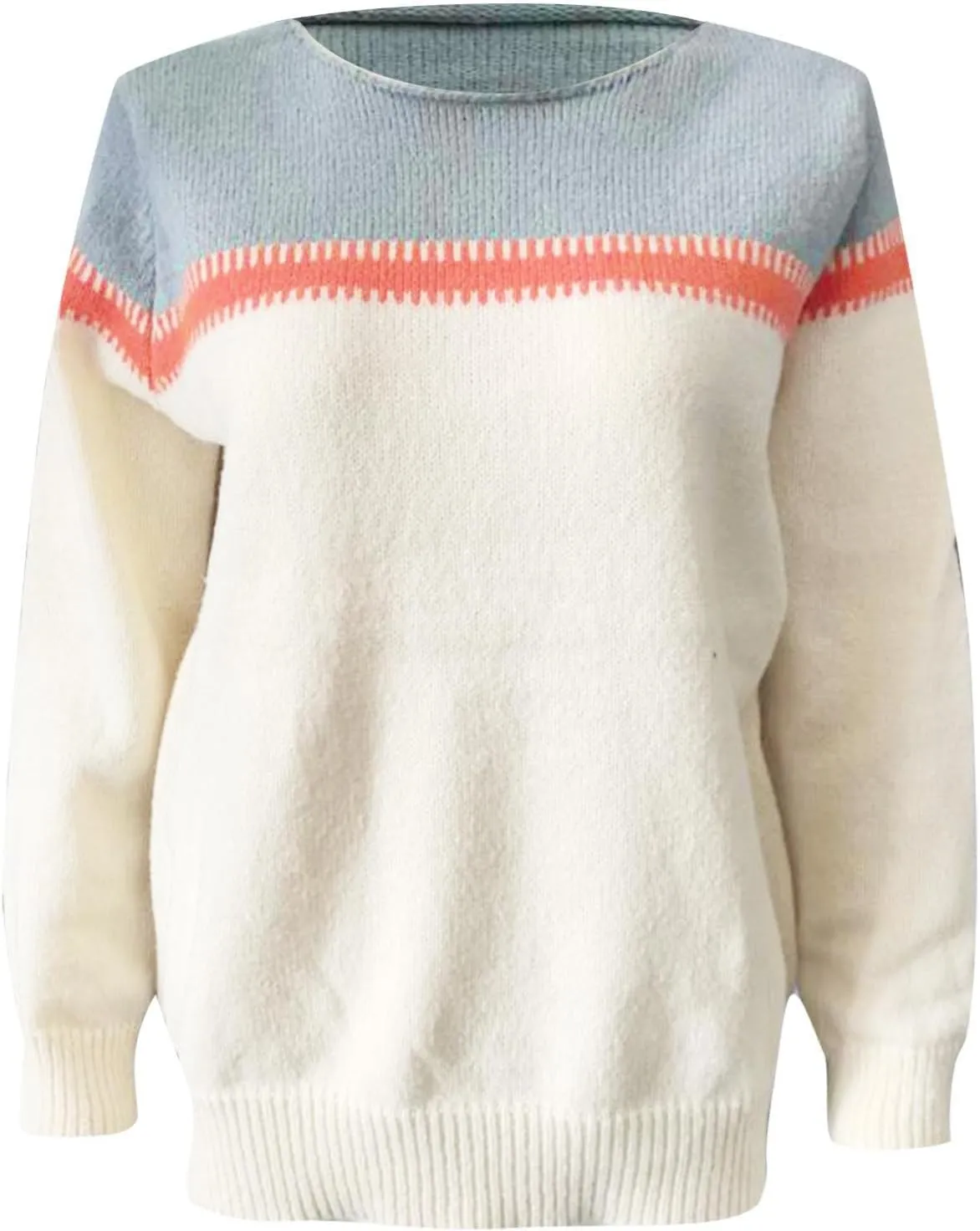 Women Fair Isle Sweaters Casual Scoop Neck Long Sleeved Vintage Sweater Loose Fuzzy Knitted Sweater Pullover Top