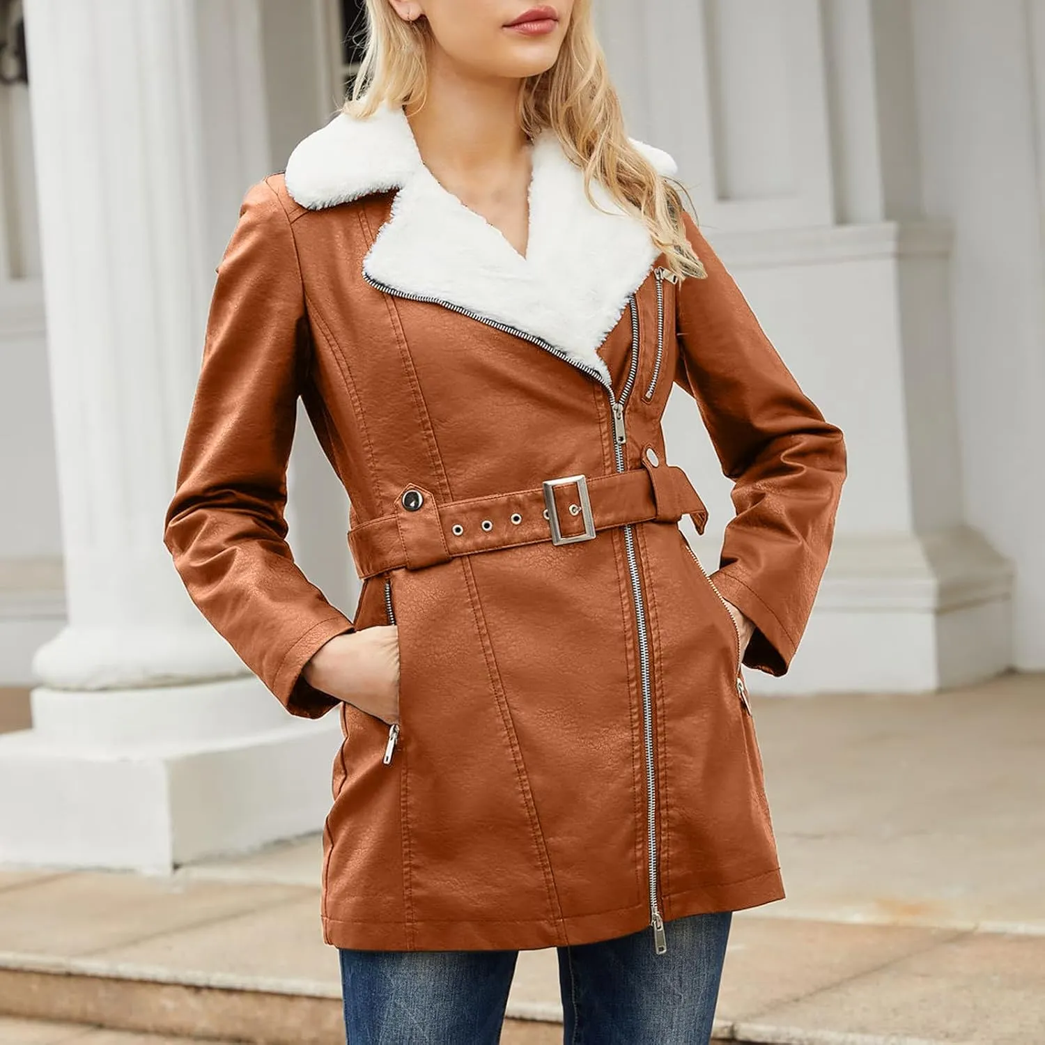 Women Faux Leather Moto Jacket Sherpa Fleece Lined Parka Coat Fall Fashion Motorcycle Coats Winter Outfits with Belt