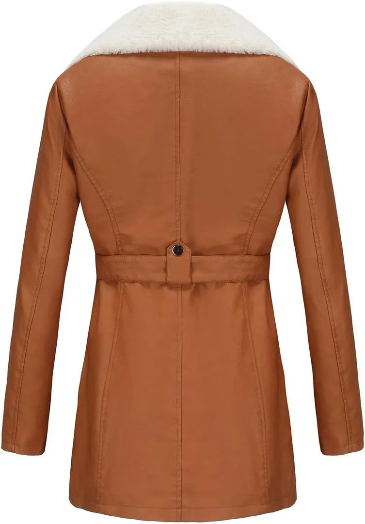 Women Faux Leather Moto Jacket Sherpa Fleece Lined Parka Coat Fall Fashion Motorcycle Coats Winter Outfits with Belt