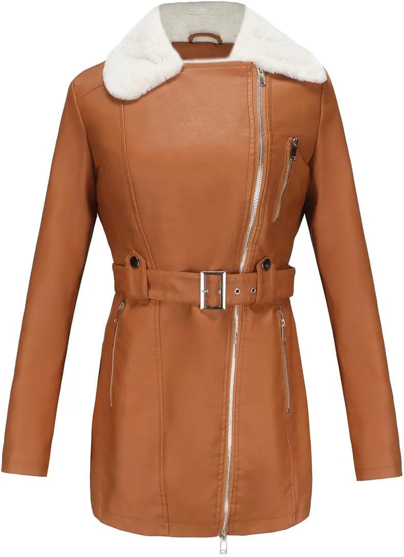 Women Faux Leather Moto Jacket Sherpa Fleece Lined Parka Coat Fall Fashion Motorcycle Coats Winter Outfits with Belt