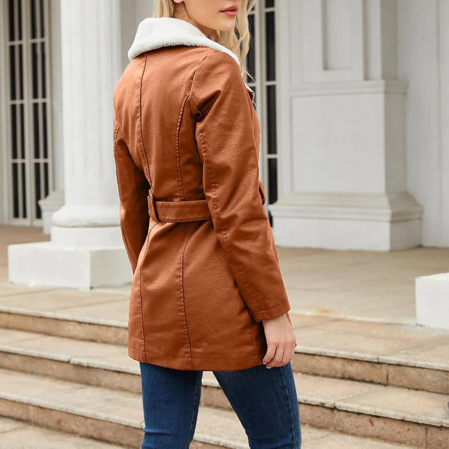 Women Faux Leather Moto Jacket Sherpa Fleece Lined Parka Coat Fall Fashion Motorcycle Coats Winter Outfits with Belt