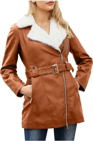 Women Faux Leather Moto Jacket Sherpa Fleece Lined Parka Coat Fall Fashion Motorcycle Coats Winter Outfits with Belt