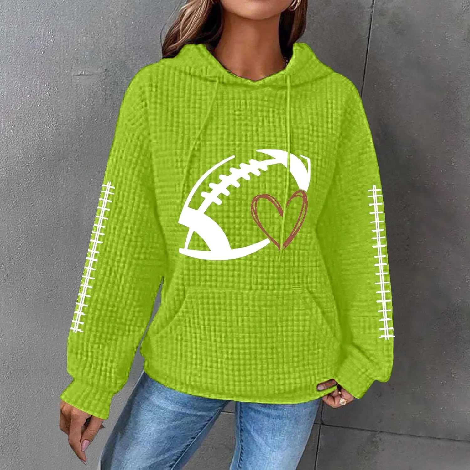 Women Football Season Hoodie Game Day Football Trendy Casual Waffle Sweatshirt Preppy Loose Pullover Tops with Pockets