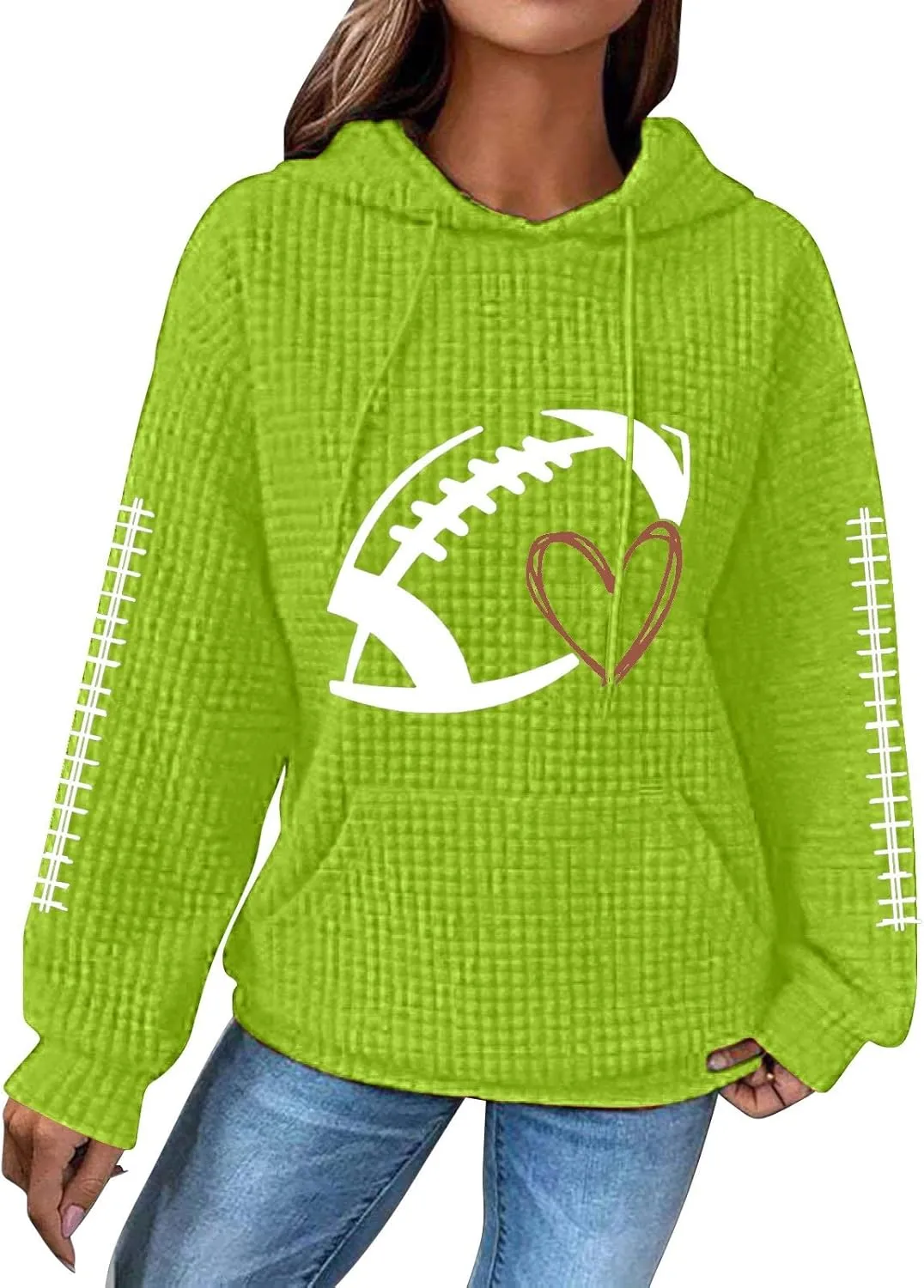 Women Football Season Hoodie Game Day Football Trendy Casual Waffle Sweatshirt Preppy Loose Pullover Tops with Pockets