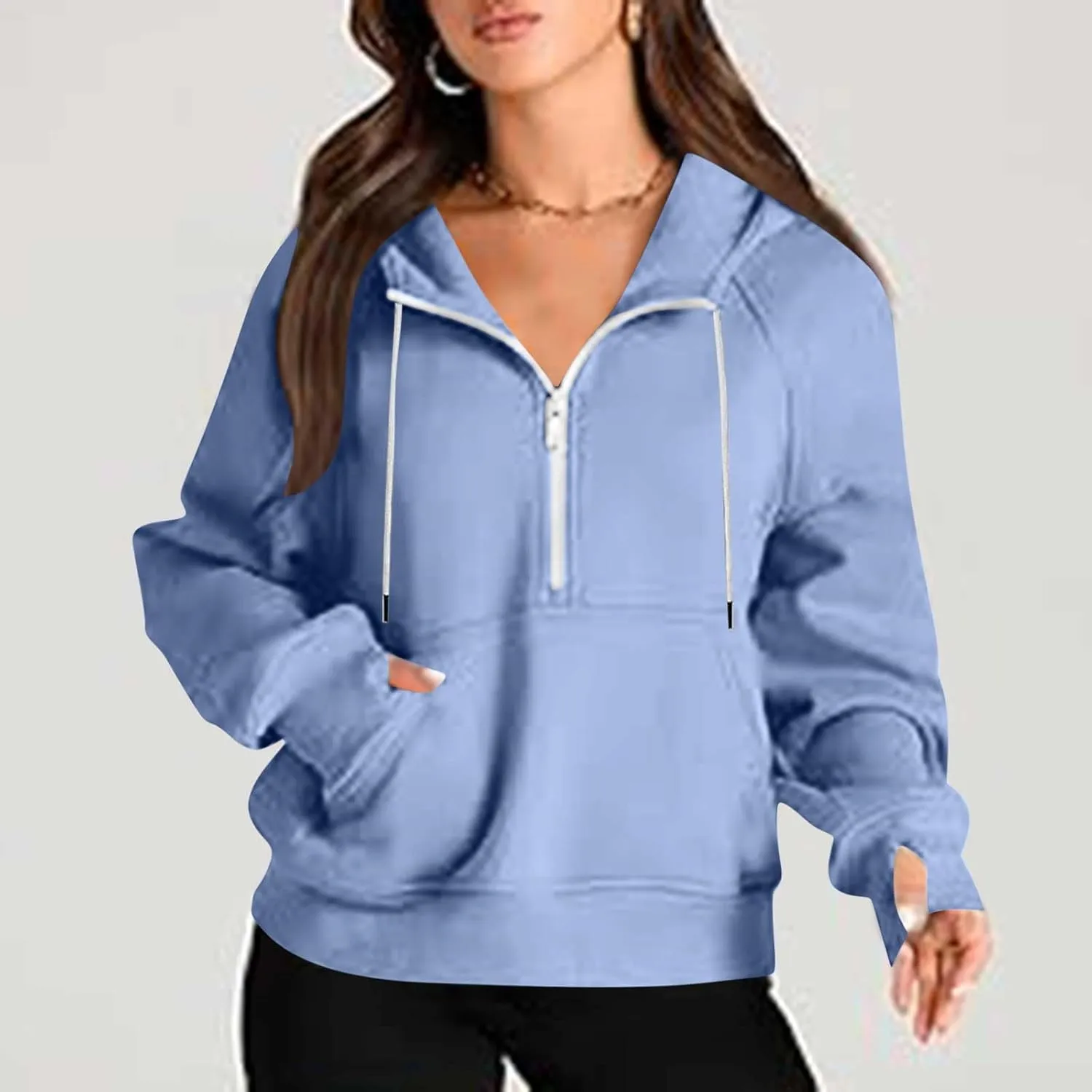 Women Half Zip Hoodies Drawstring Cropped Sweatshirts Oversized Pullover Tops with Pockets Fashion Preppy Clothes