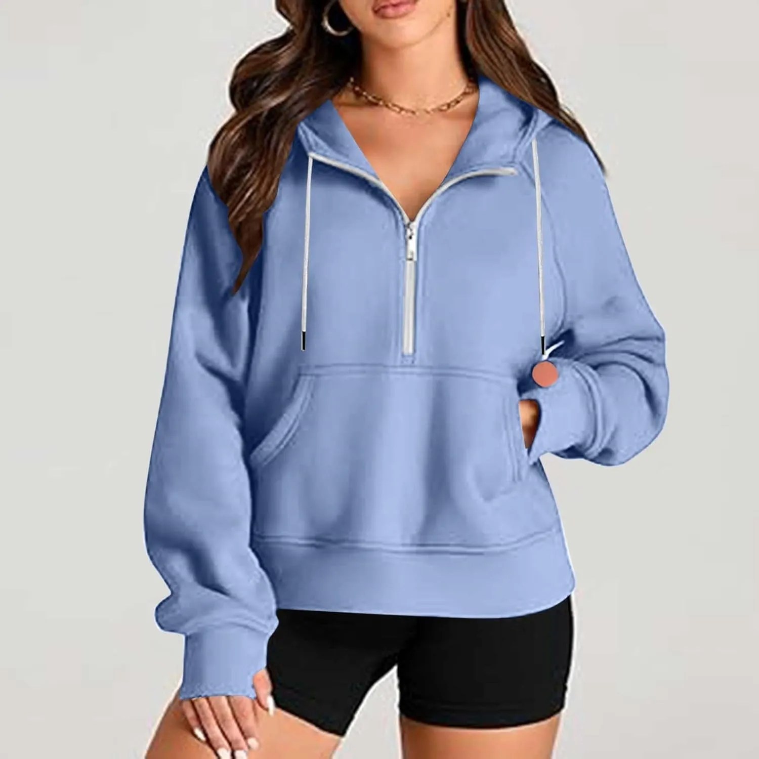 Women Half Zip Hoodies Drawstring Cropped Sweatshirts Oversized Pullover Tops with Pockets Fashion Preppy Clothes