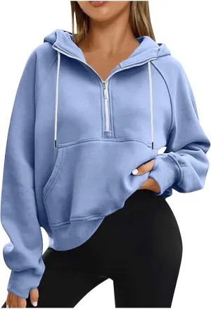 Women Half Zip Hoodies Drawstring Cropped Sweatshirts Oversized Pullover Tops with Pockets Fashion Preppy Clothes