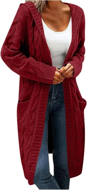 Women Hooded Open Front Cardigan Cable Knit Long Sweaters Solid Color Long Sleeve Chunky Outerwear Coats Tops