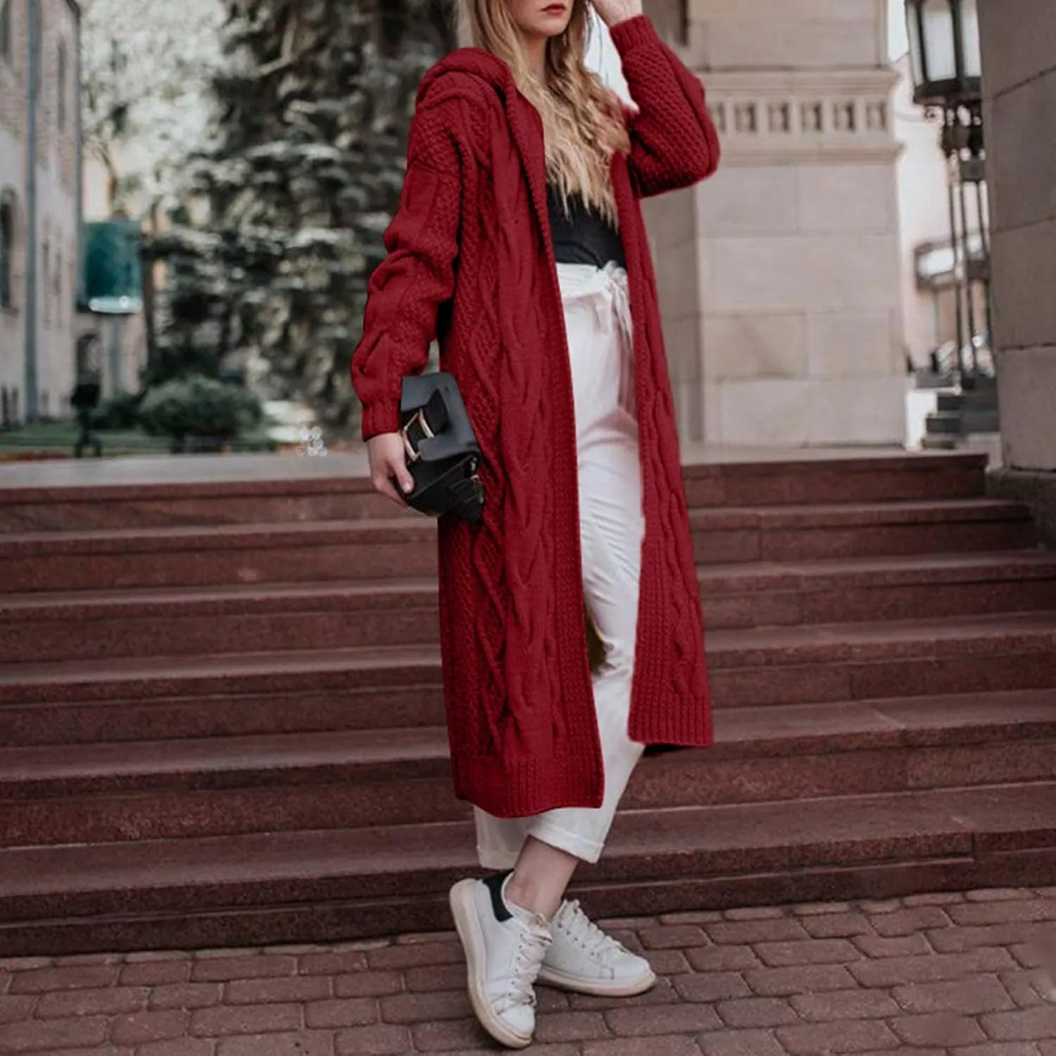 Women Hooded Open Front Cardigan Cable Knit Long Sweaters Solid Color Long Sleeve Chunky Outerwear Coats Tops