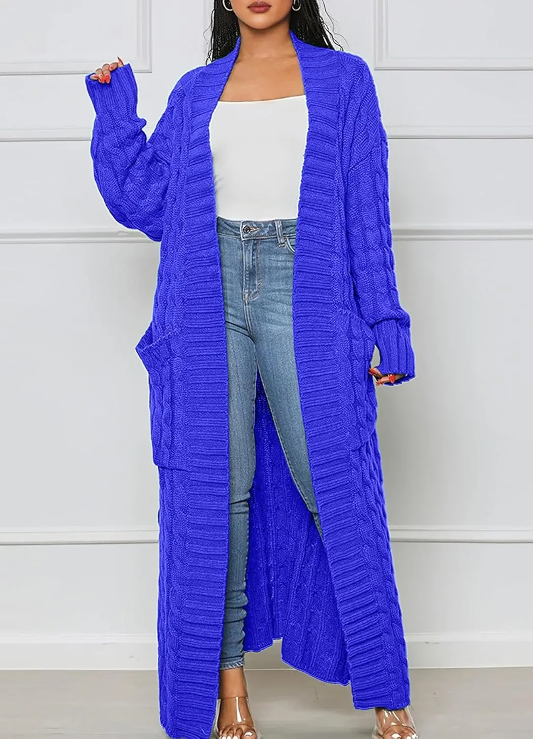 Women Long Sleeve Open Front Cardigan Sweaters Lightweight Chunky Cable Knit Draped Outwear Pockets Kimonos Outfits