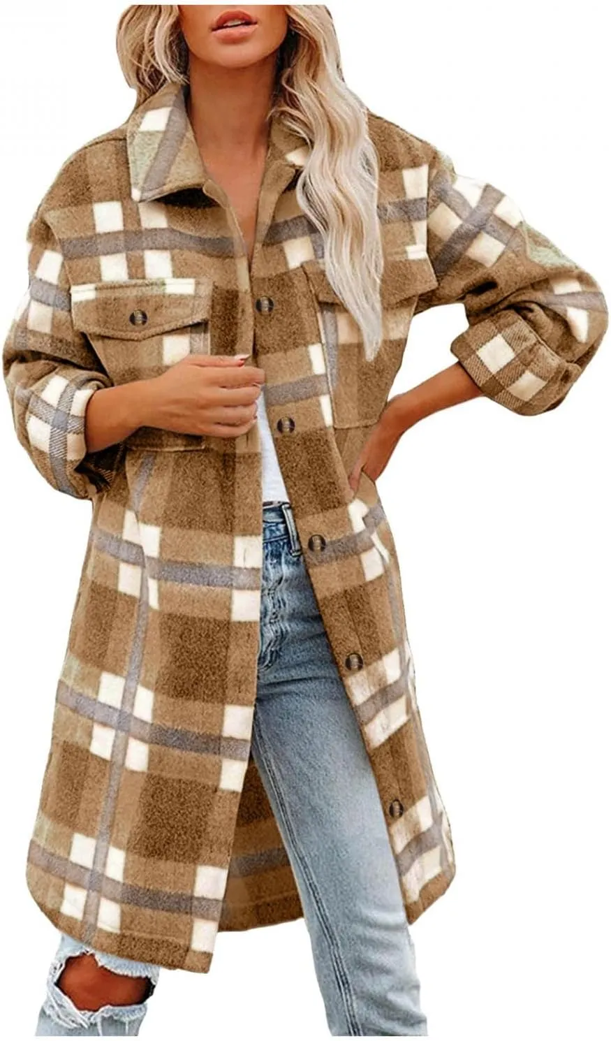Women Long Sleeve Plaid Print Button Open Front Long Coat Cardigan Outerwear Leopard Kimono