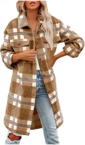 Women Long Sleeve Plaid Print Button Open Front Long Coat Cardigan Outerwear Leopard Kimono