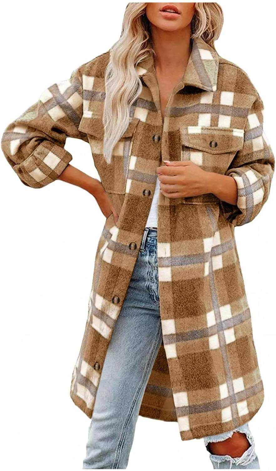 Women Long Sleeve Plaid Print Button Open Front Long Coat Cardigan Outerwear Leopard Kimono