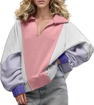 Women Oversized Patchwork Sweatshirt Color Block Lapel V Neck Cropped Tops Baggy Long Sleeve Sweatshirts Pullover